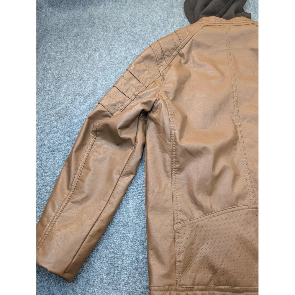 Urban Republic Jacket Mens Small Brown Faux Leather Hooded Moto Zip Pockets - Picture 10 of 12